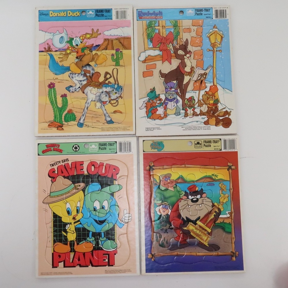 Vintage Golden Frame Cardboard Tray Puzzle Rudolph Taz Mania Tweety Donald Duck